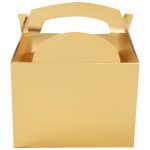 Gold metallic meal box, closed, front view.