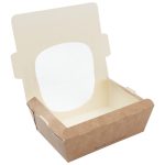 Brown appealable paperboard box with clear window, empty, open.