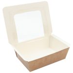 Brown Zest heat seal paperboard box with clear window, empty, open.