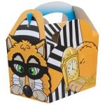 Creature club meal boxes featuring orange fox wearing black framed glasses and black and white striped outfit, holding gold carriage clock.