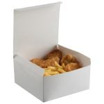 Square white food box, with lid open, filled with chicken nuggets and French fries.