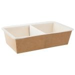 Paperboard C-Vis microwaveable tray with white insert, empty, side view.