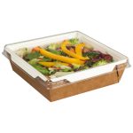 Fuzione square paperboard tray with clear lid, filled with broccoli, yellow peppers, and salad leaves.