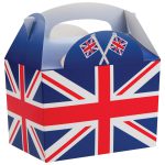 Blue meal box with union jack design, and two small union jack flags on the top flap.