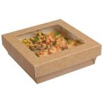 Medium printed kraft effect microwave food box and lid with clear window, filled with lentils, noodles, diced chicken, and garnish.