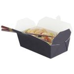 Black, 985ml microwave food box, filled with noodles, beansprouts, red chilies, spring onions, and chopsticks.
