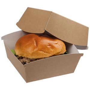 Large kraft tower tray, filled with pulled pork burger.