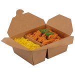 Kraft medium two compartment box, filled with pilau rice in small compartment, and chicken tikka masala in large compartment.