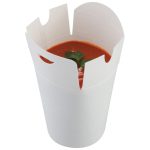 White 500ml tuck top tub, filled with tomato soup and garnish.