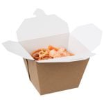 Printed kraft effect 750ml compostable multi-food box, filled with prawns, noodles, and tomato sauce.
