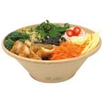 Natural kraft 1050ml round Stagione PP bowl, filled with broccoli, rice, salad leaves, noodles, grated carrots, breaded chicken, mushrooms, and sauce.