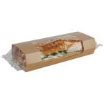 Clasp seal baguette sleeve, filled with a soft wholemeal baguette with a chicken and salad filling.