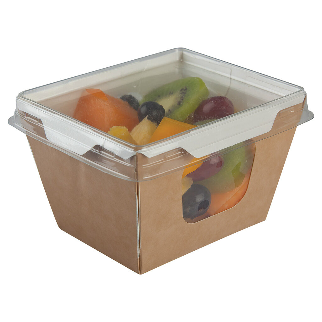 Small printed kraft effect food tray with clear lid, filled with melon, sliced kiwi, blueberries, grapes, and pineapple chunks.