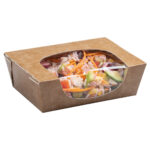 Zest medium paperboard box with clear window, filled rice salad.