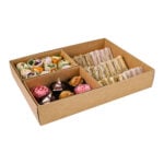 Large kraft platter base with three inserts. One insert filled with wraps, one with strawberry and chocolate cupcakes, and one with twenty-four sandwich rounds.