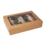 Medium kraft platter box with clear window lid, filled with sandwich rounds and salad.