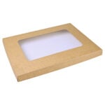 Large kraft platter lid with clear window, shown from the side.