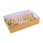 Small kraft platter base, with kraft exterior and white interior, filled with twenty-four sandwich rounds, neatly arranged in two rows.