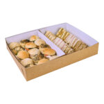 Large kraft platter base, with kraft exterior and white interior, with two inserts. Filled with fifteen bread rolls in left insert and twenty-four sandwich rounds in right insert.