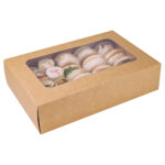 Small kraft platter box with clear window sleeve, filled with wraps and bread rolls.