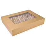 Large kraft platter box with clear window sleeve, filled with forty-eight sandwich rounds.