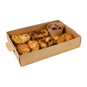 Medium kraft platter base with pop-out handles, filled with croissants, Danish pastries, maple & pecan plaits and a pot of yoghurt, granola & fruit.