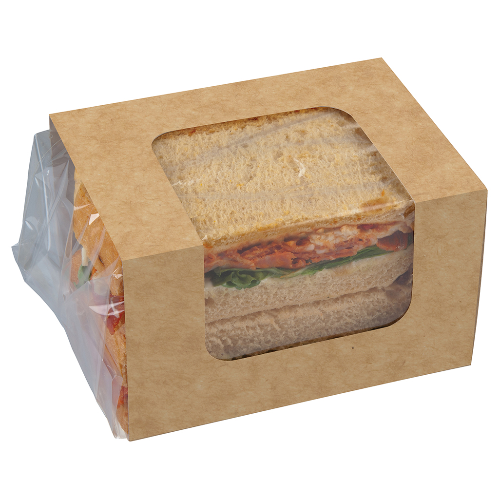 Clasp clip square cut sandwich pack, filled with a ham and salad square cut sandwich.