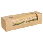 Kraft baguette box with window, filled with a white baguette with prawn mayonnaise and avocado.