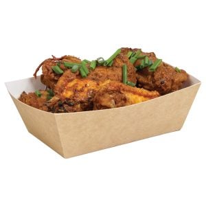 Small kraft tray with white interior, filled with barbeque glazed chicken topped with chives.