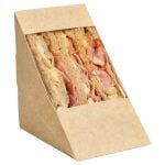 82mm kraft rear loading sandwich pack, filled with bacon, egg, and sausage sandwich.