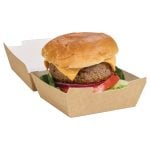 Medium kraft clamshell, filled with burger with lettuce, tomato, red onion, patty, and cheese.