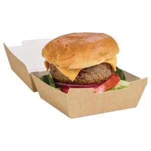 Medium kraft clamshell, filled with burger with lettuce, tomato, red onion, patty, and cheese.