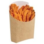 Large kraft chip scoop, filled with sweet potato fries.