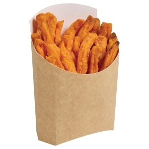 Large kraft chip scoop, filled with sweet potato fries.