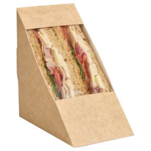 72mm kraft rear loading sandwich pack, filled with cheese, bacon, and lettuce.