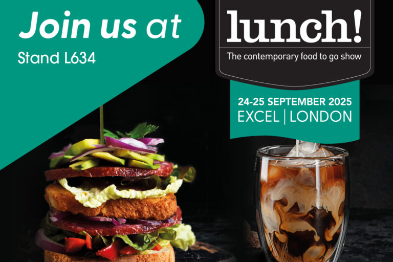 Square graphic with text stating 'join us at Lunch!', including dates of Lunch! exhibition, Colpac logo, Sabert logo, and stand number - L634.