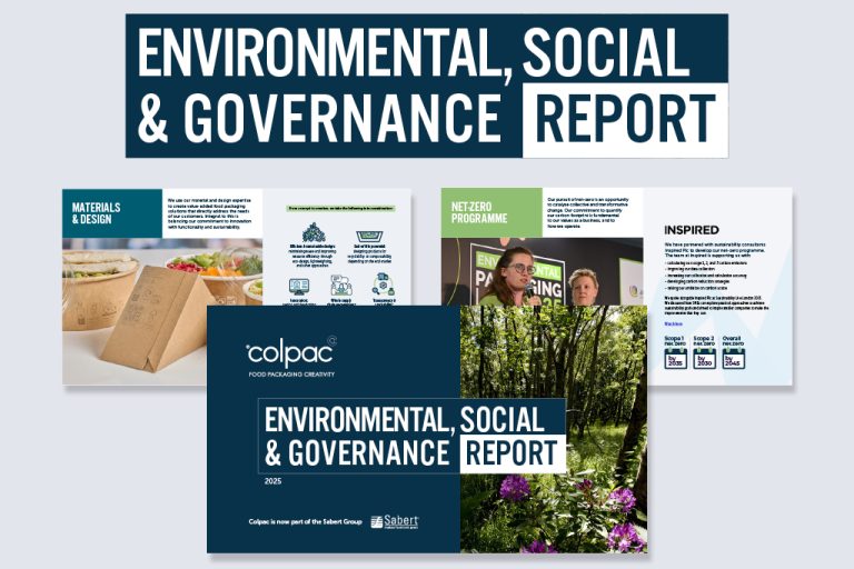 Collection of graphical pages from Colpac's 2025 ESG report. 'Environmental, Social, & Governance Report' title in navy and white, blue cover of Colpac's ESG report in foreground, two additional pages behind, all on light grey background.